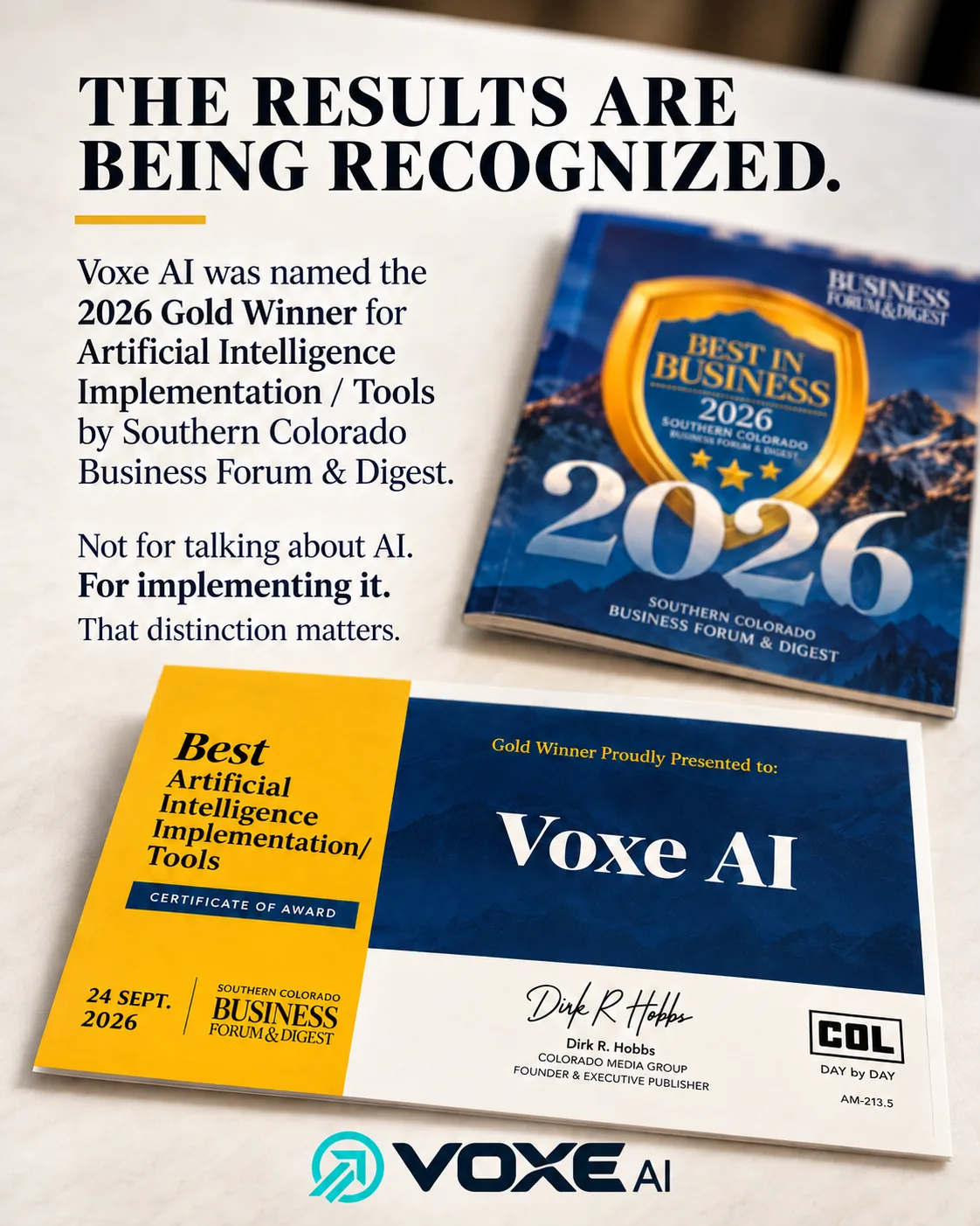 Voxe AI's Gold Winner certificate dated September 24, 2026, next to the 2026 Best in Business issue of the Southern Colorado Business Forum & Digest