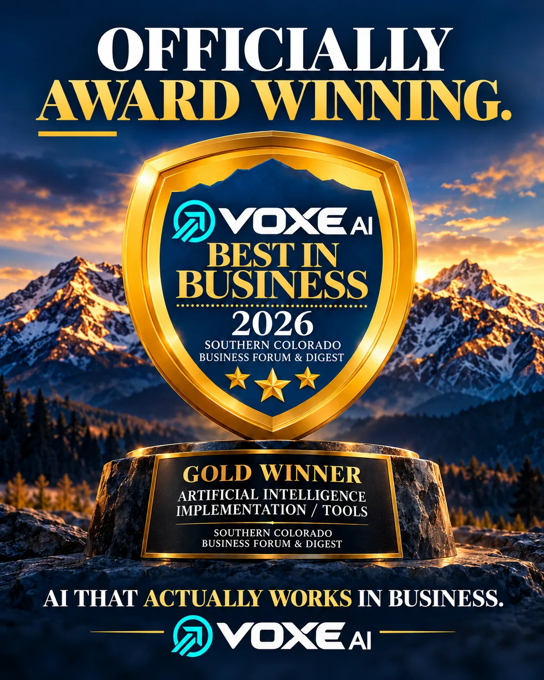 2026 Best in Business Gold Winner shield for Artificial Intelligence Implementation / Tools from the Southern Colorado Business Forum & Digest