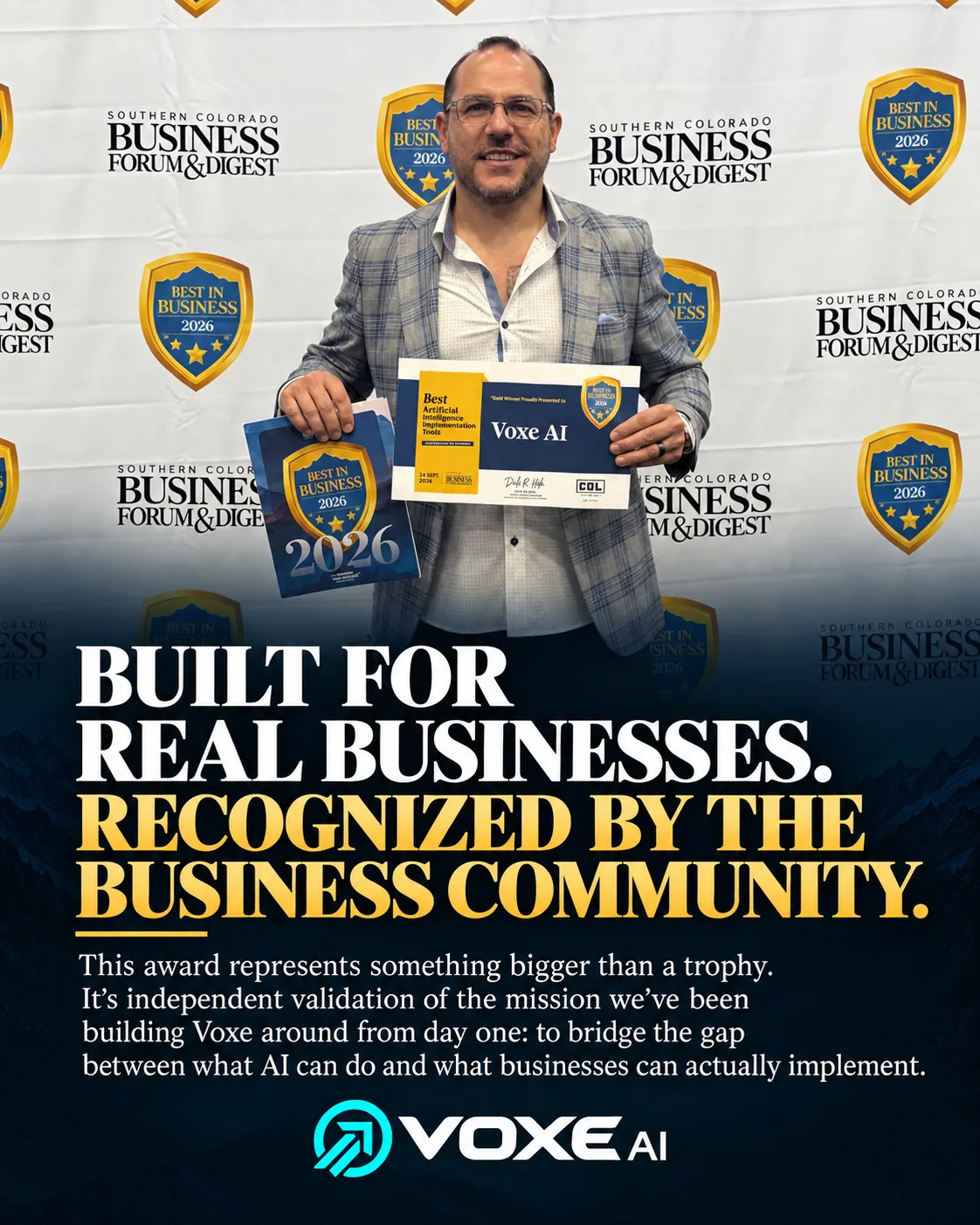 Matt Aponte holding the 2026 Best in Business Gold Winner certificate for Artificial Intelligence Implementation / Tools at the Southern Colorado Business Forum & Digest awards