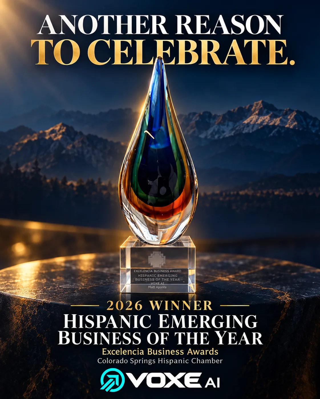 The 2026 Excelencia Business Award glass trophy for Hispanic Emerging Business of the Year, engraved Voxe AI, Matt Aponte