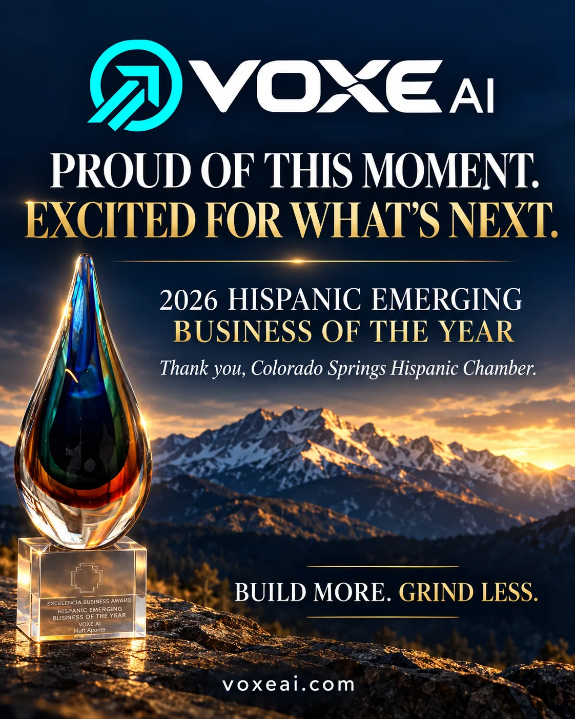 Graphic reading proud of this moment, excited for what's next, with the 2026 Hispanic Emerging Business of the Year trophy