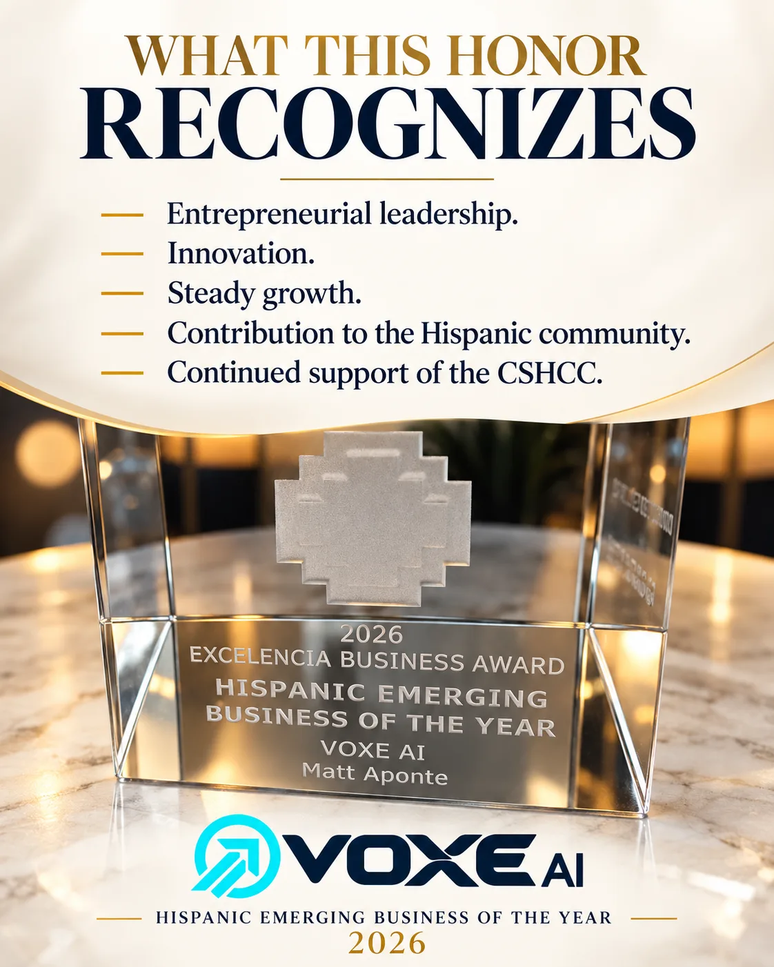 What the honor recognizes: entrepreneurial leadership, innovation, steady growth, contribution to the Hispanic community, and continued support of the CSHCC